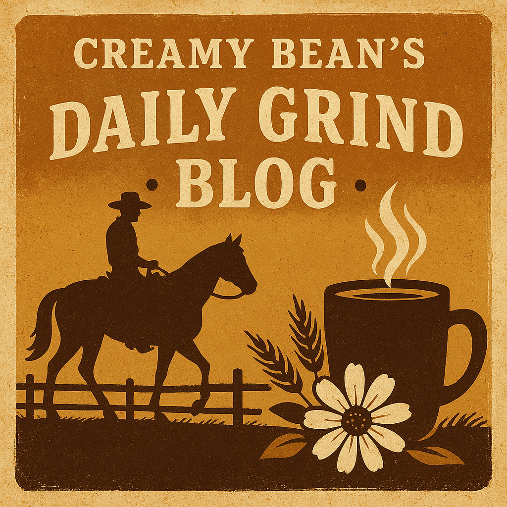 Rustic country-themed graphic for The Creamy Bean’s Daily Grind Blog featuring a silhouette of a cowboy riding a horse near a wooden fence, a steaming coffee cup, wheat stalks, and a daisy flower on a textured brown background with bold vintage lettering.