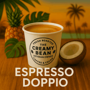ESPRESSO DOPPIO to-go cup with The Creamy Bean logo on tropical background and bold white text