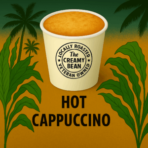 Cappuccino in branded to-go cup with tropical background