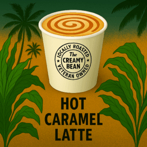 Hot Caramel Latte in branded to-go cup with tropical background