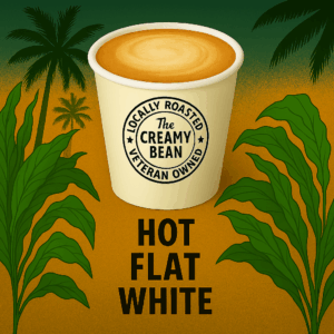 Hot Flat White in branded to-go cup with tropical background