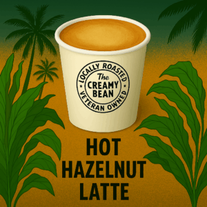 Hot Hazelnut Latte in branded to-go cup with tropical background