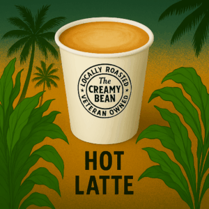 Hot Latte in branded to-go cup with tropical background
