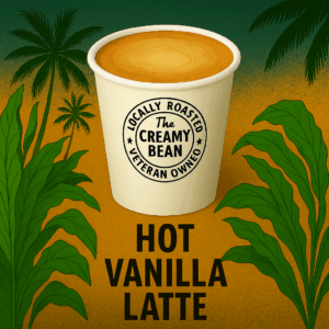 Hot Vanilla Latte in branded to-go cup with tropical background