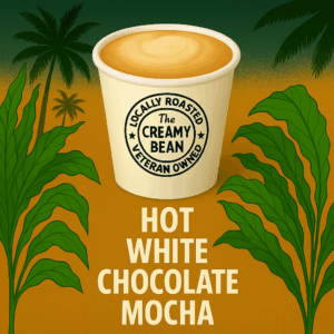 Hot White Chocolate Mocha in branded to-go cup with tropical background