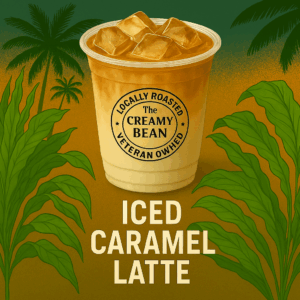 A chilled iced caramel latte served in a branded to-go cup, made with freshly roasted espresso, cold milk, and rich caramel syrup, set against a tropical gradient background.