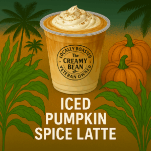 A chilled pumpkin spice latte made with freshly roasted espresso, cold milk, and seasonal spices, served over ice.