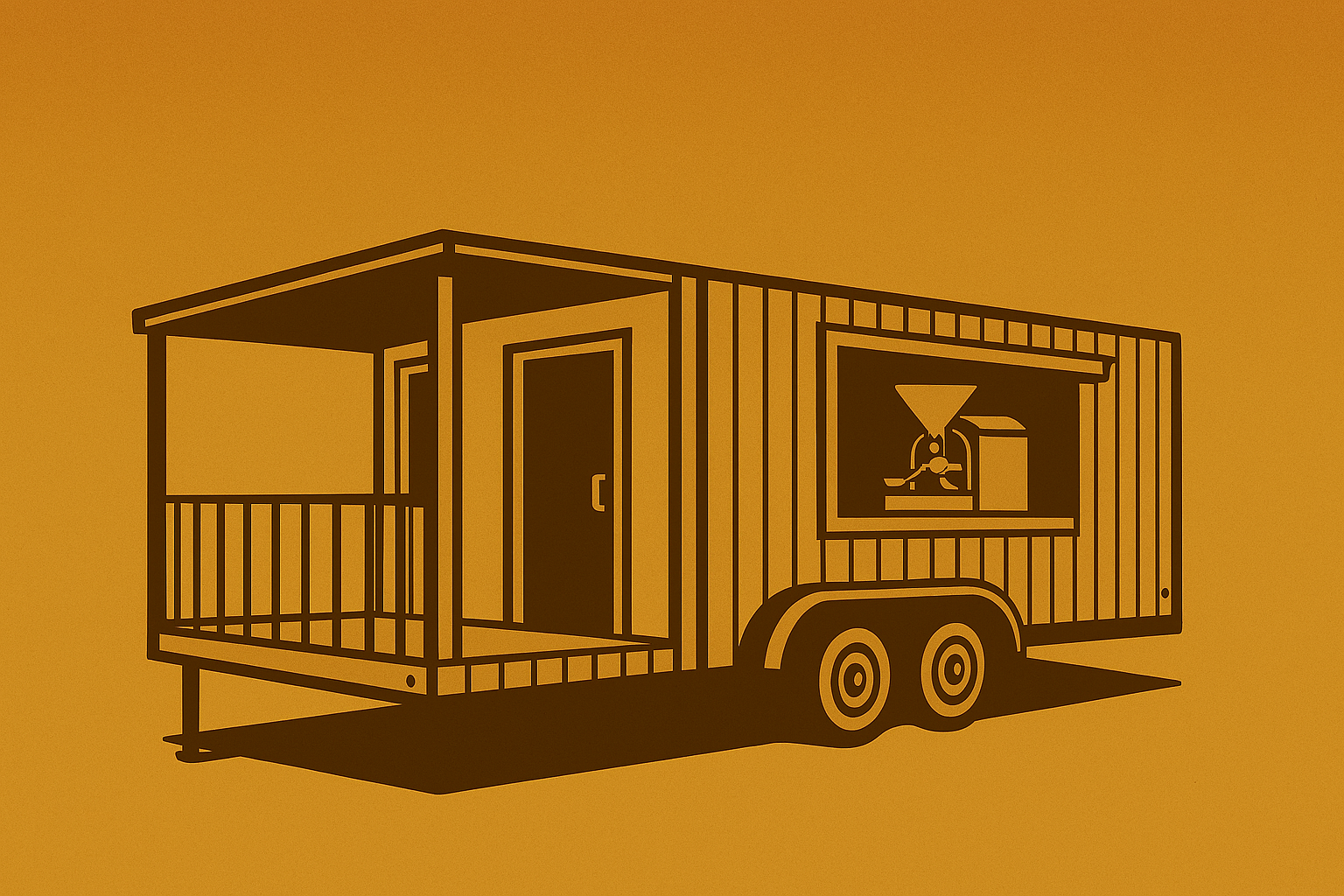 Rustic illustration of a mobile concession trailer with a coffee roaster inside, drawn in dark brown on a warm tan background.