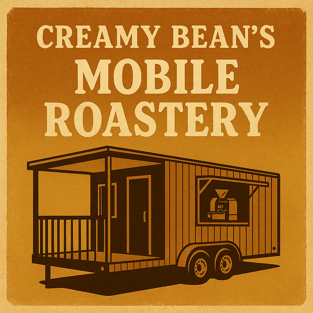 Rustic country-style graphic for The Creamy Bean’s Mobile Roastery featuring a concession trailer illustration with a coffee roaster inside, bold vintage lettering, and warm earthy tones.