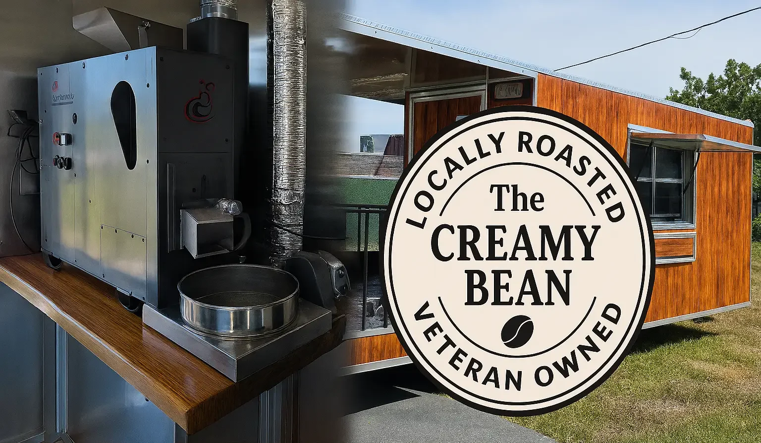 The Creamy Bean trailer with onboard coffee roaster and logo – veteran-owned mobile roastery