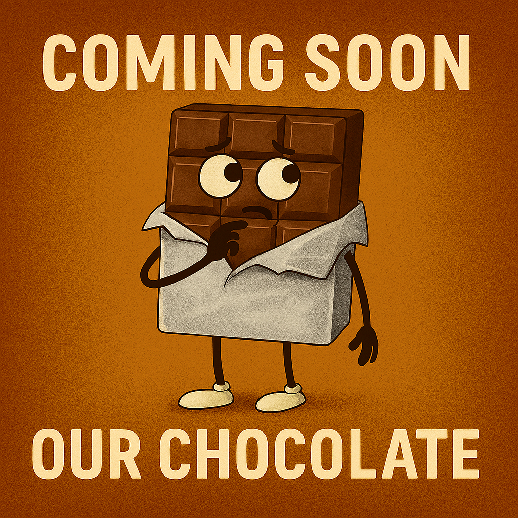 Funny image showing chocolate is coming soon with tropical branding Title: Chocolate Coming Soon